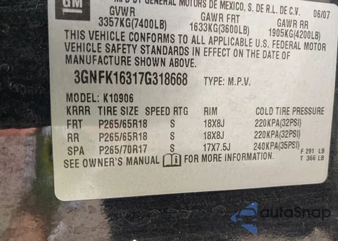 2007 Chevrolet Suburban 1500 Lt from USA, damaged, VIN 3GNFK16317G318668